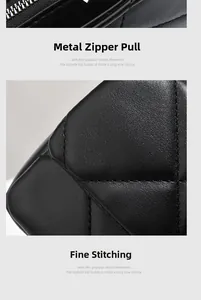 Detail of premium silver zipper and quilted stitching on black leather crossbody bag
