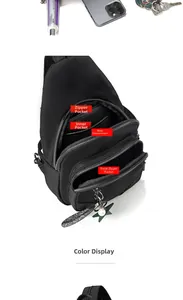 Detail view of Oxford cloth chest bag with multiple pockets and interior storage