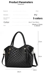 Detailed view of black quilted PU tote bag with dimensions and detachable strap