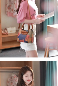 Detail of color-block leather handbag featuring orange and blue lychee grain texture