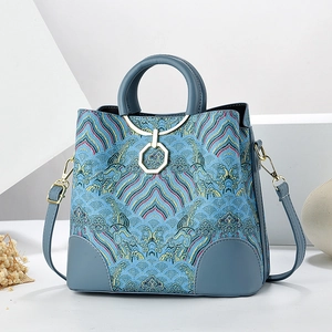Women Retro Printed PU Leather Handbag Large Capacity Bucket Bag Minimalist Shoulder Crossbody Bag With Metal Round Handle