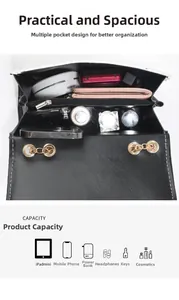 Interior view of black quilted chain bag showing multiple compartments and large capacity