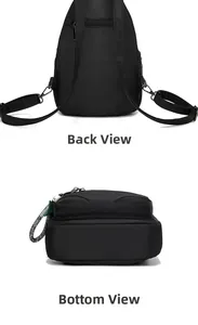 Detailed back and bottom view of black Oxford cloth bag with adjustable strap and zip pocket