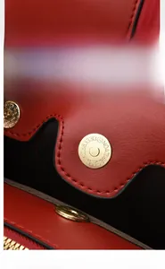 Detail shot of a red leather handbag showing the magnetic hardware clasp and texture