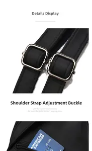 Detailed view of adjustable shoulder strap with metal buckles and card storage pocket