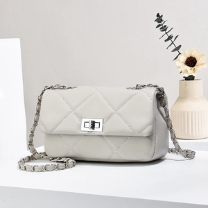Elegant quilted crossbody bag with silver chain strap on a white minimalist stage