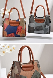 Detailed view of fashionable patchwork leather handbags in various elegant colors