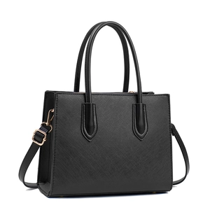 Classic black Saffiano leather tote bag with top handles and adjustable shoulder strap
