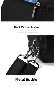 Detail of backpack showing back anti-theft zipper pocket and shiny metal snap hook