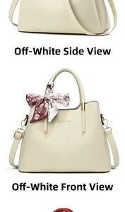 Detail view of cream white leather handbag with elegant silk scarf and gold logo hardware
