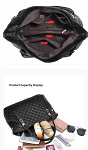 Detail of black quilted leather handbag showing spacious interior and multiple compartments