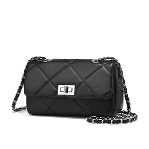Classic black quilted leather crossbody bag with silver chain strap and metal turn-lock