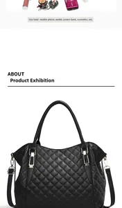 Detail of black quilted tote bag capacity showing interior space for phone and wallet
