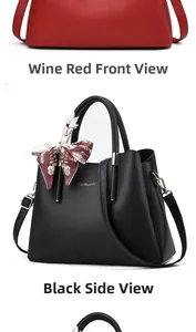 Vertical view of wine red and black pebble leather handbags with decorative scarves