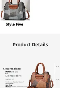 Detailed view of color-block PU leather tote with zipper and adjustable strap