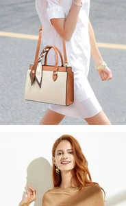 Chic cream and caramel leather handbag with decorative silk scarf on handle for women
