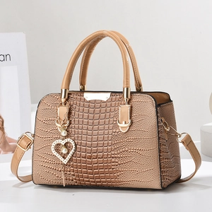Elegant khaki crocodile pattern handbag with heart pearl pendant and gold hardware
