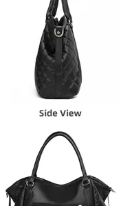 Side view detail of black quilted tote bag with golden hardware and spacious compartment