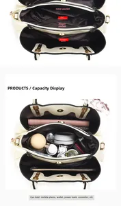 Detailed interior view of a cream leather tote bag with organized compartments and lining