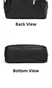 Quilted black leather bag detail showing the back zipper pocket and smooth flat bottom