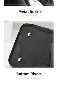 Detail of gold hardware clasp and protective bottom rivets on black leather handbag