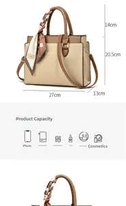 Detailed view of beige and brown tote bag dimensions 27x20.5x13cm with scarf handle
