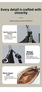 Detail view of reinforced handles, moon pendant hardware and smooth metal zipper on bag