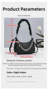 Size chart for lychee textured crescent bag with detailed measurements and materials