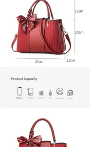 Detailed size chart of red handbag with pleated sides and decorative polka dot scarf