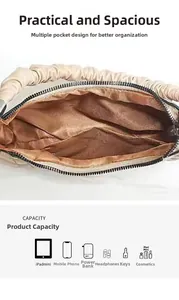 Detailed interior of crescent hobo bag showing organized compartments and brown lining