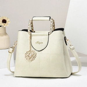 Elegant Geometric Patchwork PU Leather Handbag With Chain Detail Flower Artificial Pearl Pendant Crossbody Shoulder Bag For Women