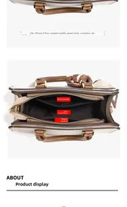 Detail view of large capacity vintage tote with organized interior compartments and silk scarf