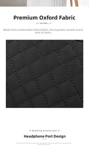 Detail of black quilted oxford fabric bag showing functional earphone jack and stitch texture