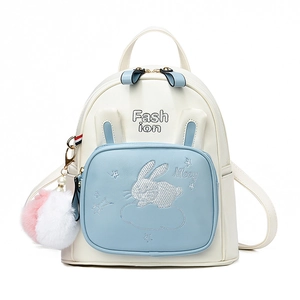 Mini bicolor PU leather backpack with rabbit ears and plush ball pendant for girls