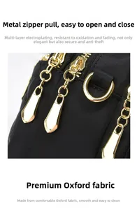 Detail of durable Oxford fabric with anti-oxidation gold plated zipper for shoulder bag