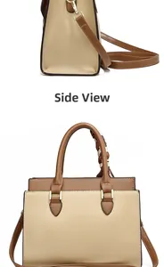 Side view detail of dual-tone tote bag with sturdy handles and adjustable shoulder strap