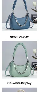 Detail view of crescent moon bags in blue, green and white with chunky metal chains
