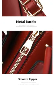 Detailed macro view of golden hardware clasp and smooth zipper on red leather handbag