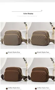 Detail of nylon mini crossbody bags with three-layer zippers and quilted patterns