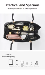 Internal view showing multiple compartments and large capacity of the black tote bag