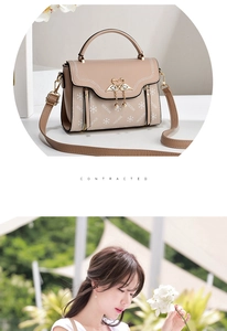 Detail of beige flap bag featuring golden swan buckle, pearl tassels and logo print