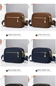 Detail view of nylon crossbody bags in brown and blue with quilted and smooth textures