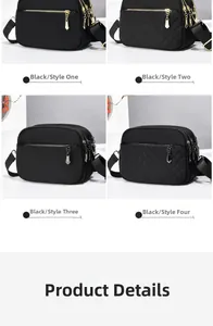 Detail view of four black nylon crossbody bags featuring quilted patterns and zip pockets