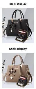 Detail of PU leather tote bag and card holder set with lychee texture and floral charms
