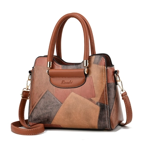 Retro multi-color patchwork PU leather tote bag with top handles and adjustable strap