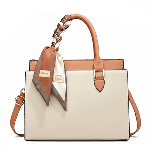 Large capacity women's tote bag in beige and brown faux leather with decorative scarf