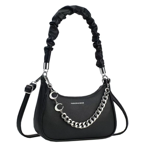 Litchi pattern crescent hobo bag with moon chain and pleated handle in black
