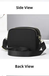 Side and back view of black multi-zip nylon crossbody bag with gold hardware