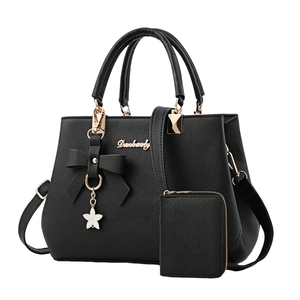 Women Fashion Handbag And Wallet Litchi Pattern PU Leather Top Handle Crossbody Bag With Bow Decor Star Pendant Elegant