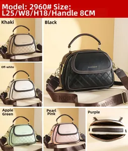 Detail view of stylish crossbody bucket bag showing multi-color options and size dimensions